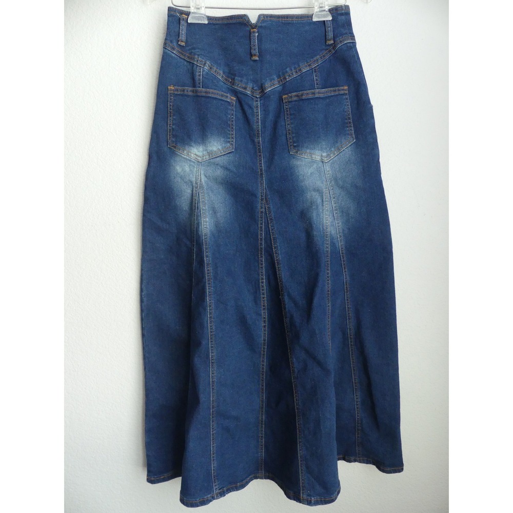 High Waisted Button Fly Denim Maxi Skirt Dark Wash Flare Medium Tulip Modest - Picture 3 of 6